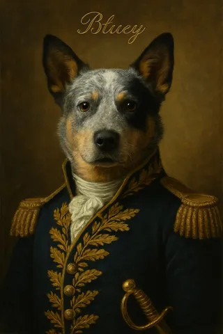 Australian Cattle Dog pet portrait in The General style (example)