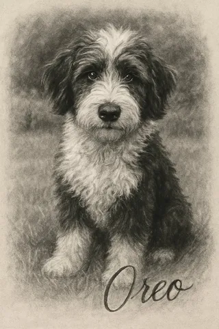 Sheepadoodle pet portrait in Black & White Charcoal style (example)