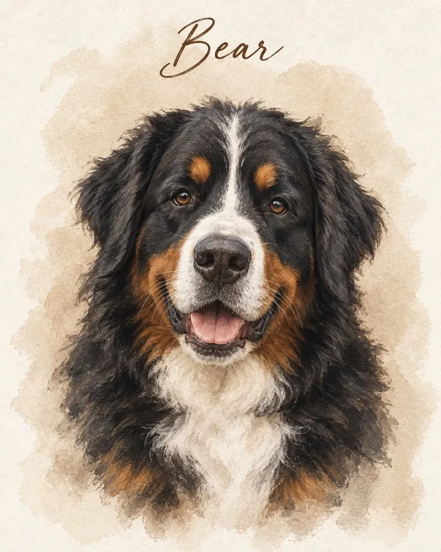 Bernese Mountain Dog portrait in the Watercolor Earthy style