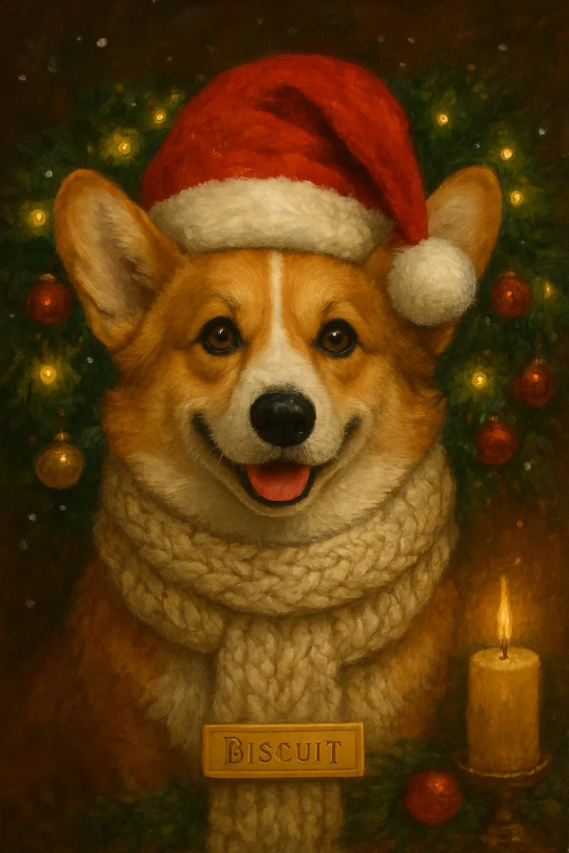 A corgi portrait in the Holiday style with a Santa hat and knitted scarf